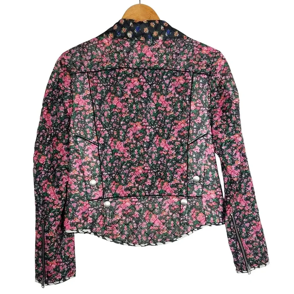 Coach Quilted Chiffon Floral Moto Jacket Pink Green XS New!